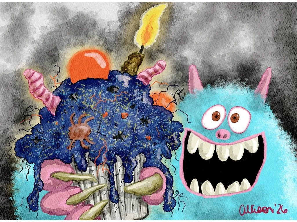 Cartoon monster with large mouth and sharp teeth holding a brain-like object with pink hands, tentacles, and a lit candle on top, against a dark background.