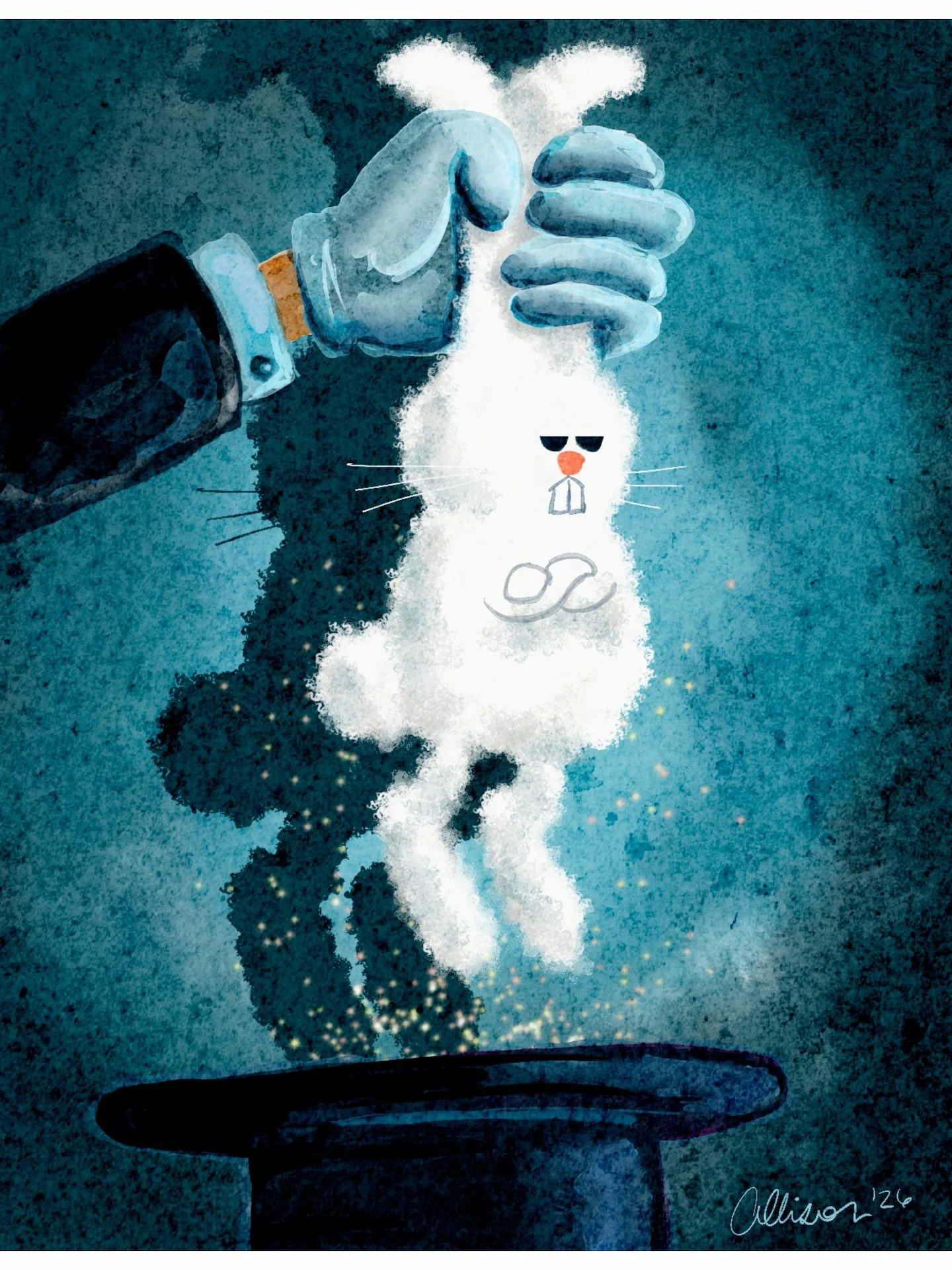 A gloved magician's hand pulls an unimpressed white rabbit out of  his top hat. Cartoon illustration by Allison Garwood