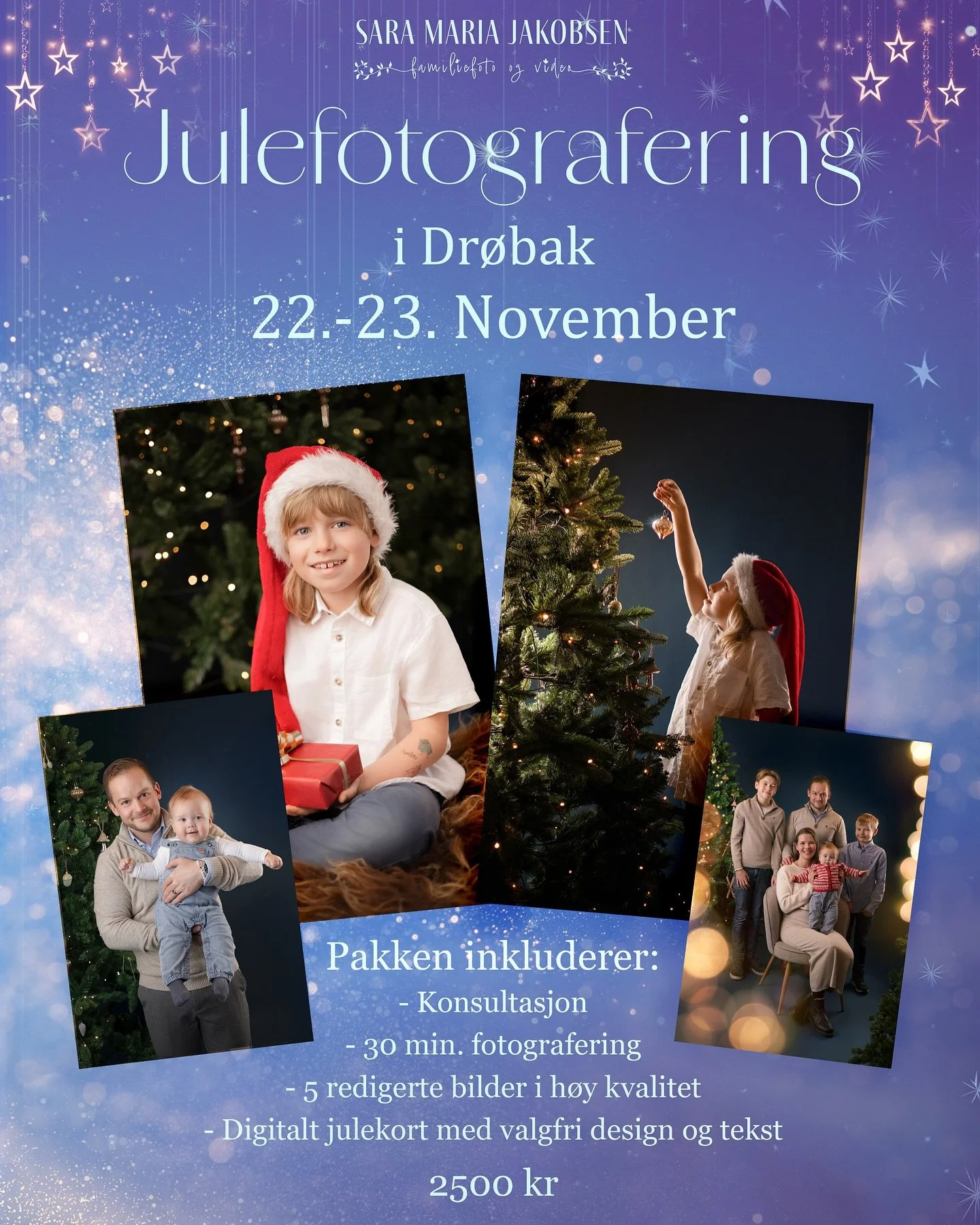 Kj&aelig;re dere! 🎅✨

N&aring; er datoene for &aring;rets julefotografering klare! 
22.&ndash;23. november &aring;pner jeg d&oslash;rene i studioet mitt i Dr&oslash;bak, og jeg gleder meg til &aring; skape magiske juleminner sammen med dere.
Ta med 