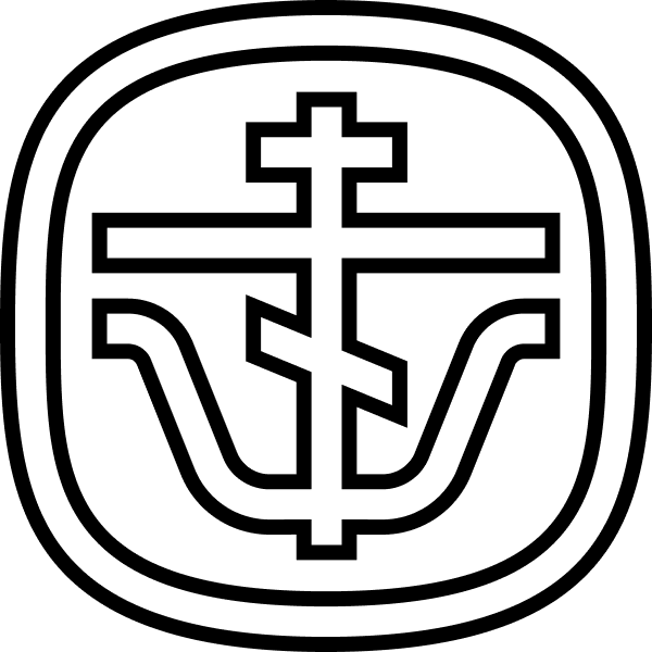 A black and white line drawing of a Byzantine cross and the Greek "Psy" letter conjoined.