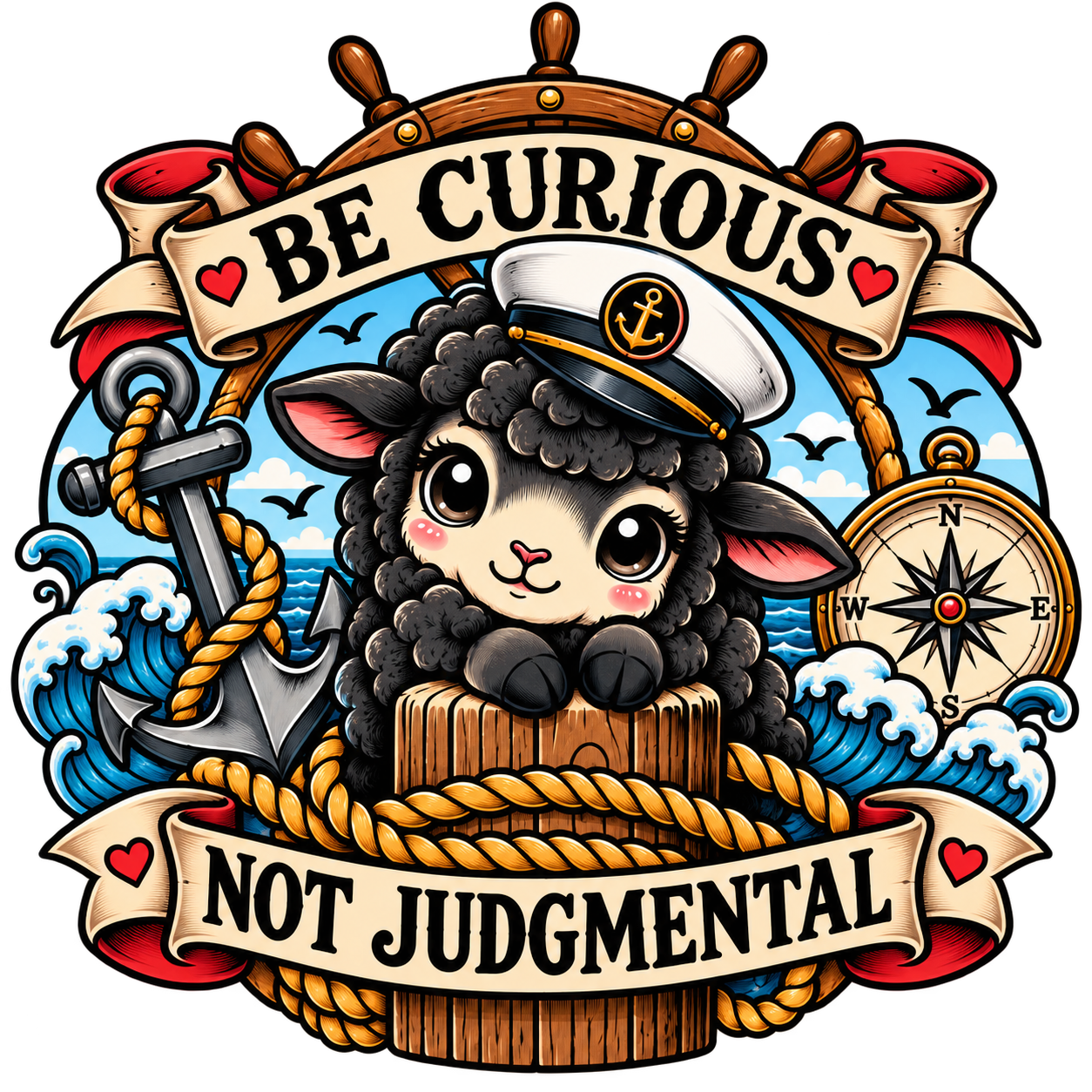 Cute cartoon sheep wearing a sailor hat, sitting on a wooden post with an anchor, compass, and waves in the background. Banner text reads 'Be Curious' at the top and 'Not Judgemental' at the bottom.