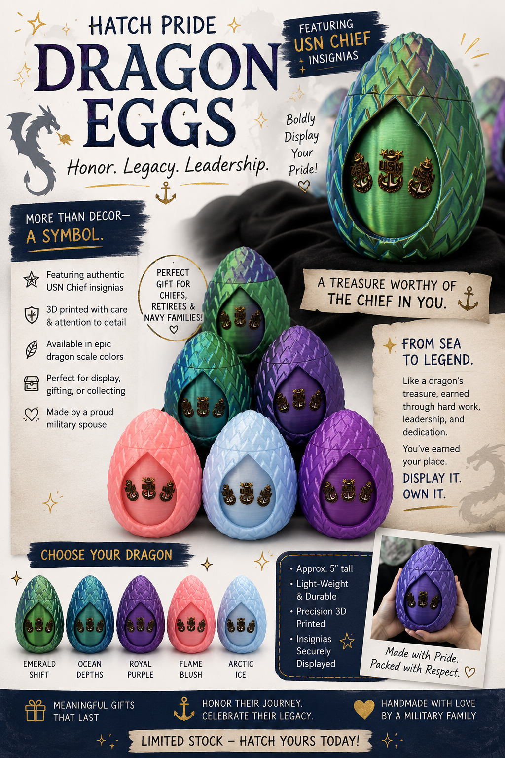 Promotional flyer for Hatch Pride Dragon Eggs featuring customizable jewelry with USN Chief insignias. Displays colorful, dragon scale-themed eggs in various colors and outlines their symbolism, craftsmanship, and significance as meaningful military 