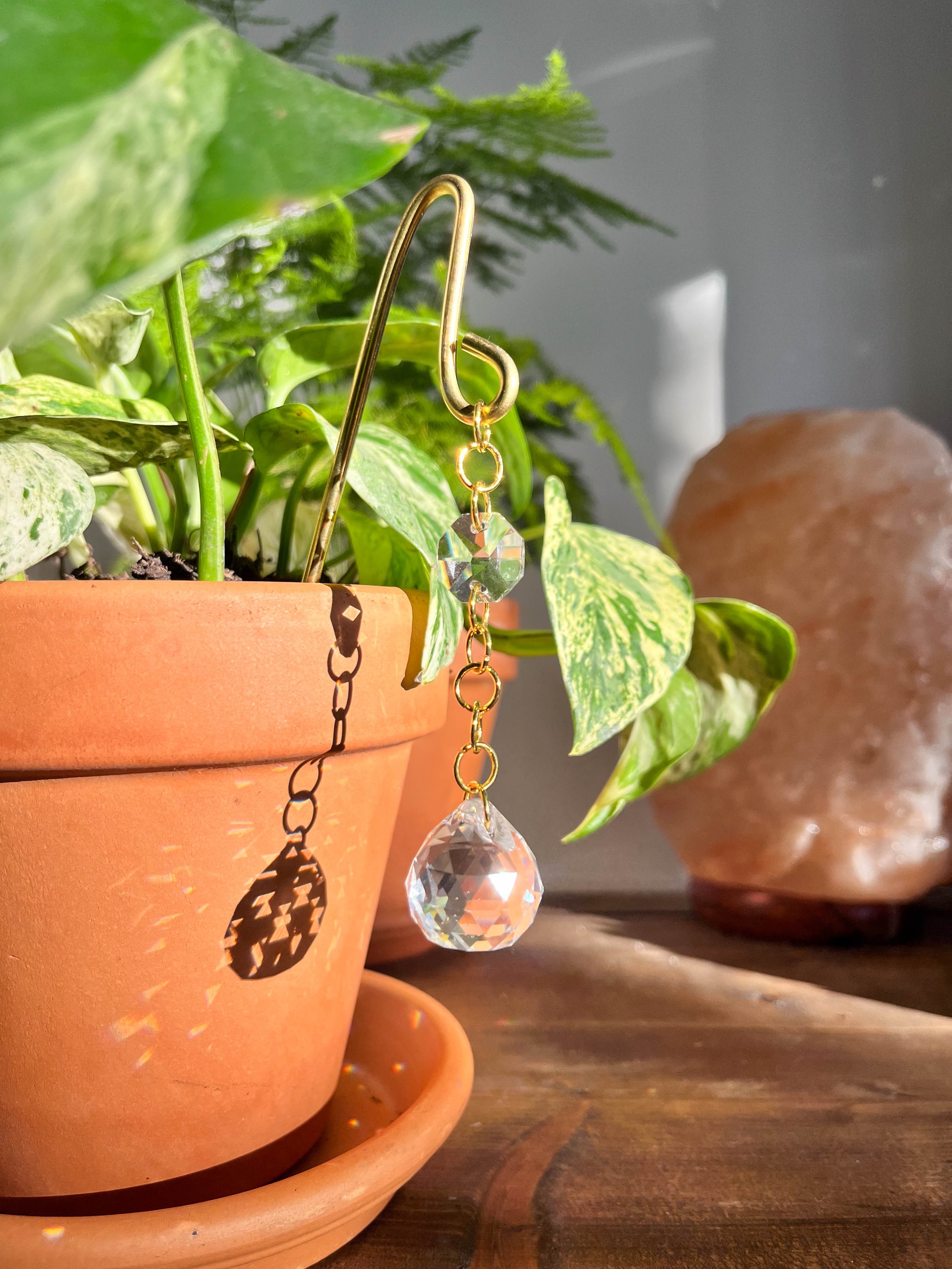 Gold chain plant charm featuring a small glass prism and a larger hanging glass prism, perfect for adding sparkle to indoor plant pots.