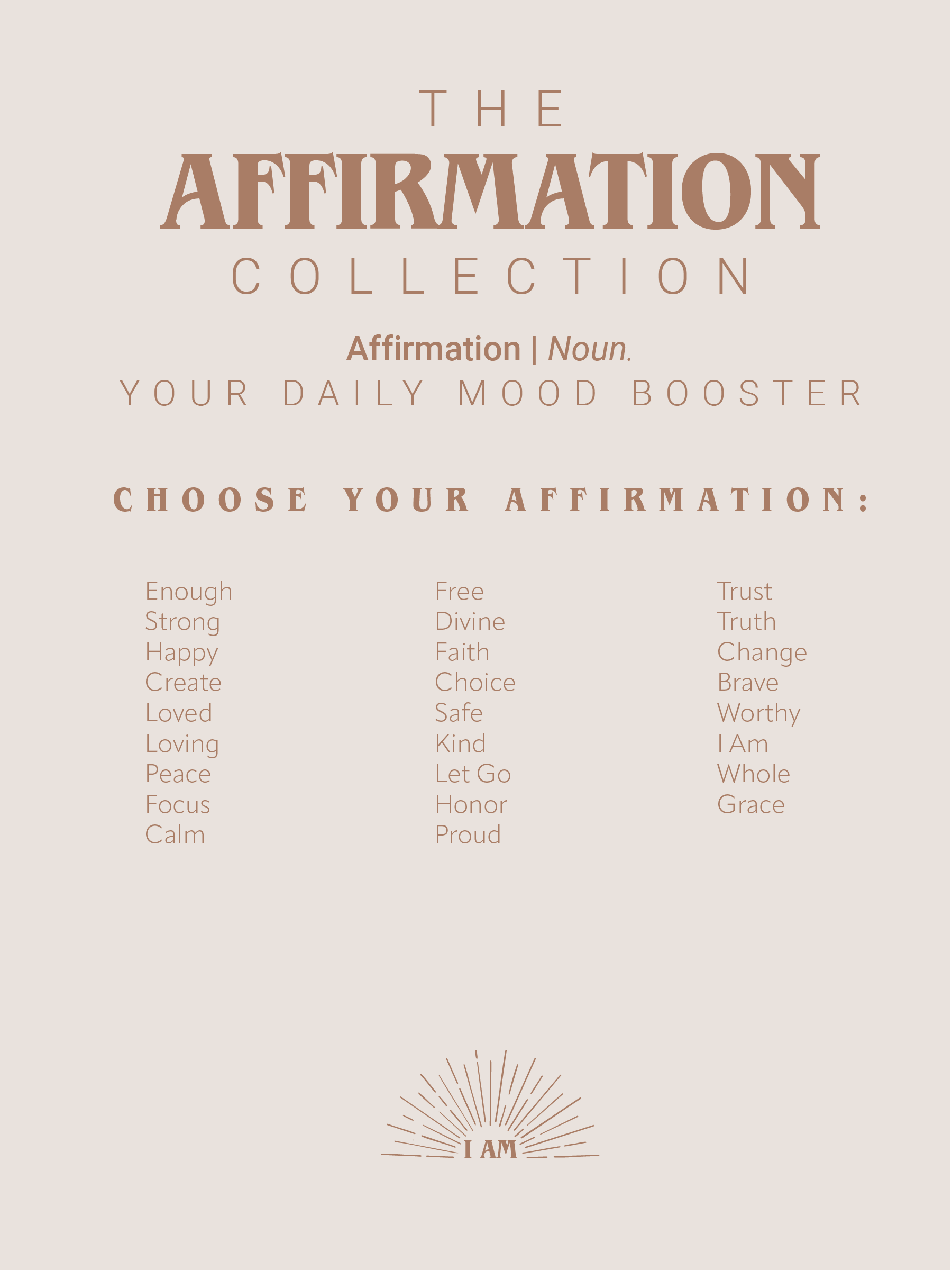 Graphic showing available affirmation options for personalised hand-stamped jewelry. Choose from empowering words like 'Loved', 'Brave', 'Enough', and more for custom silver necklaces and gifts.