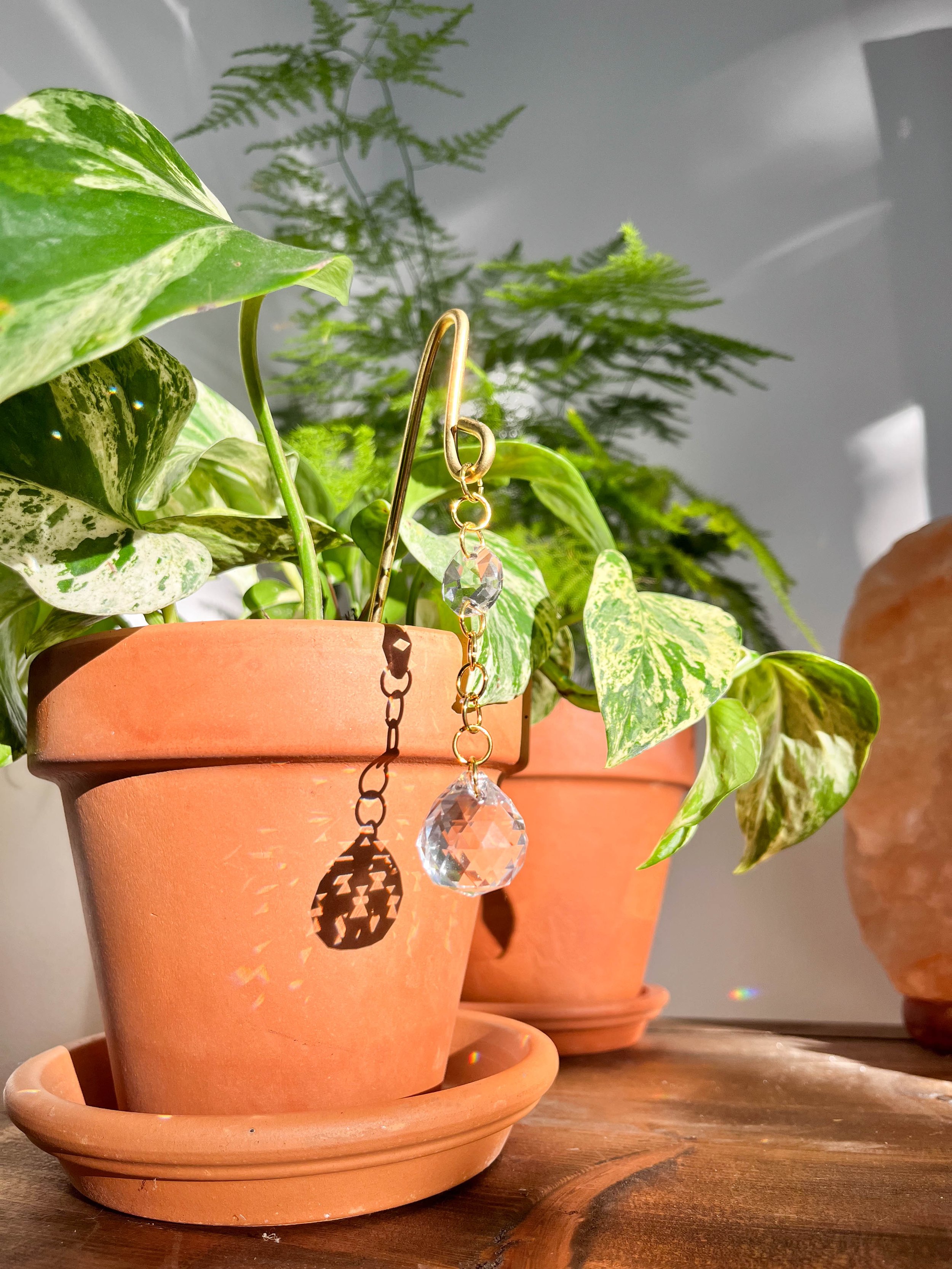 Close-up of elegant gold chain with two glass prisms—a small and a large one—designed to catch sunlight and brighten plant displays.