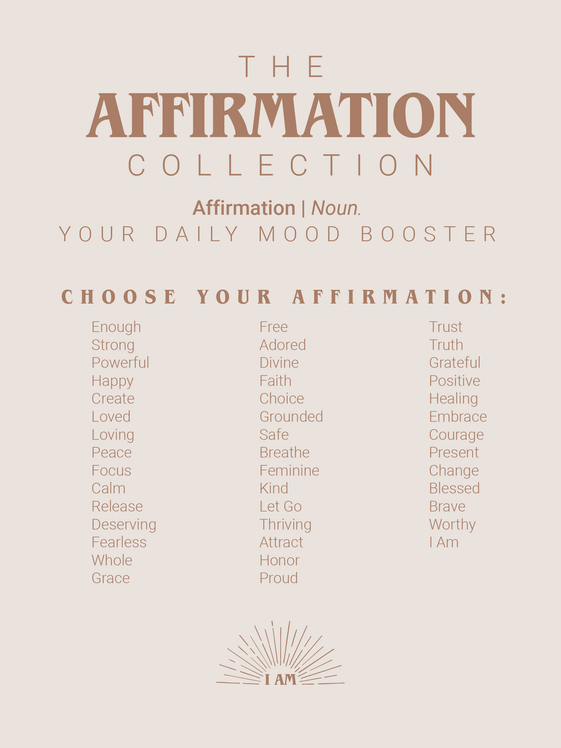 Graphic showing available affirmation options for personalized hand-stamped jewelry. Choose from empowering words like 'Loved', 'Brave', 'Enough', and more for custom silver necklaces and gifts