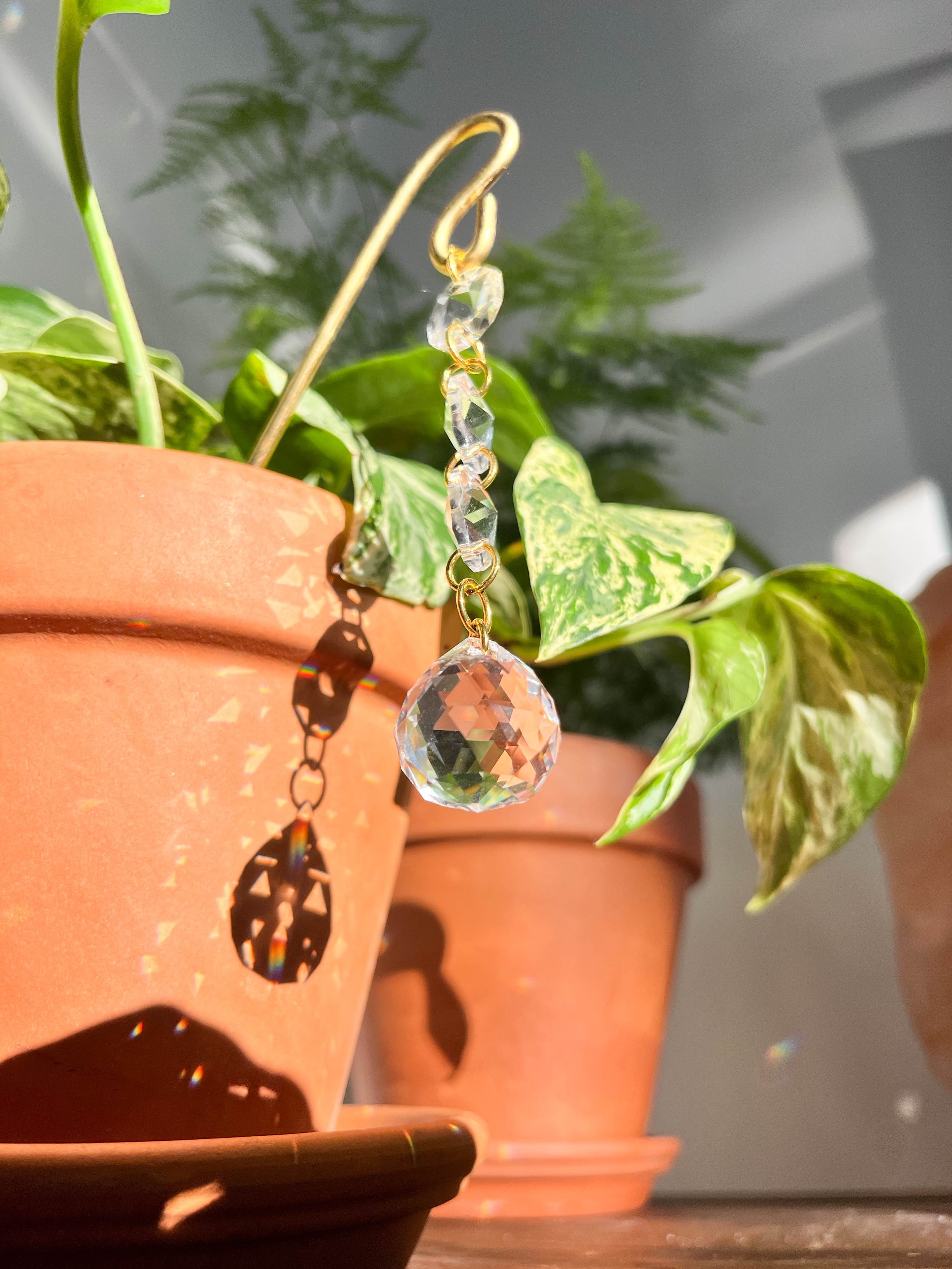 Elegant Lumira plant charm hanging gracefully over a plant pot, showcasing its three glass beads and statement crystal prism in the sunlight.