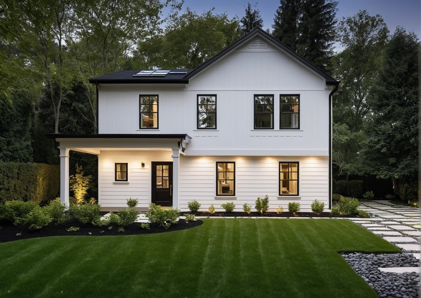 Final curated rendering showcasing upgraded curb appeal with layered landscape, black trim contrast, and enhanced lighting — created as part of the homeowner’s marketing package for resale.