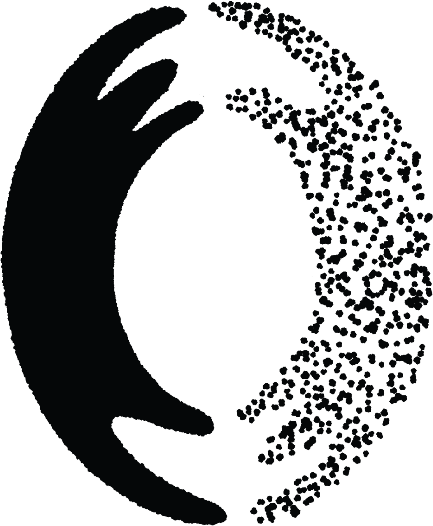 A black silhouette of a hand reaching towards a dotted, semi-circular pattern.