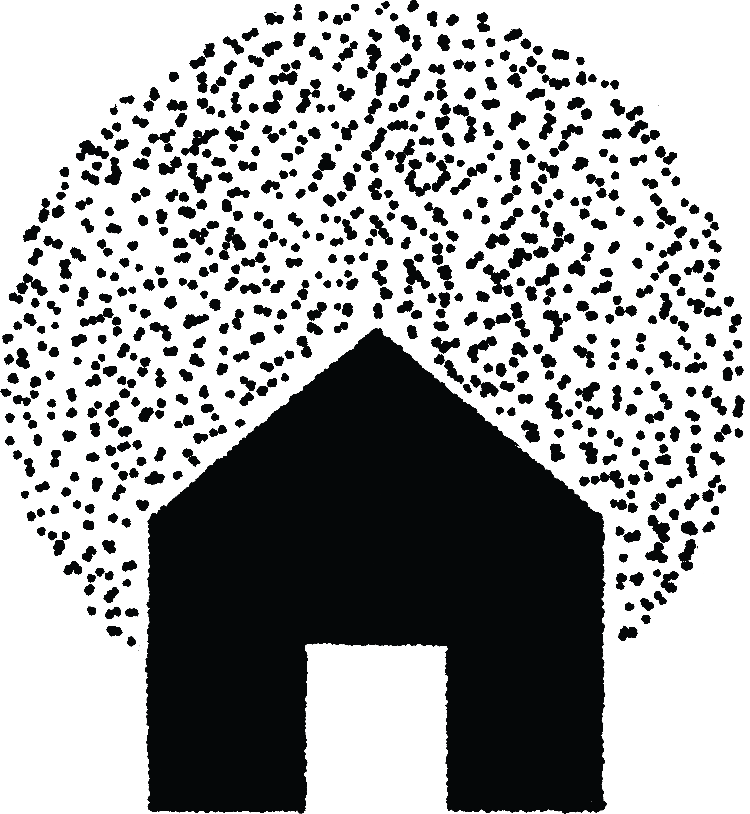 Black house silhouette with a dotted circular pattern resembling a tree or explosion behind it.