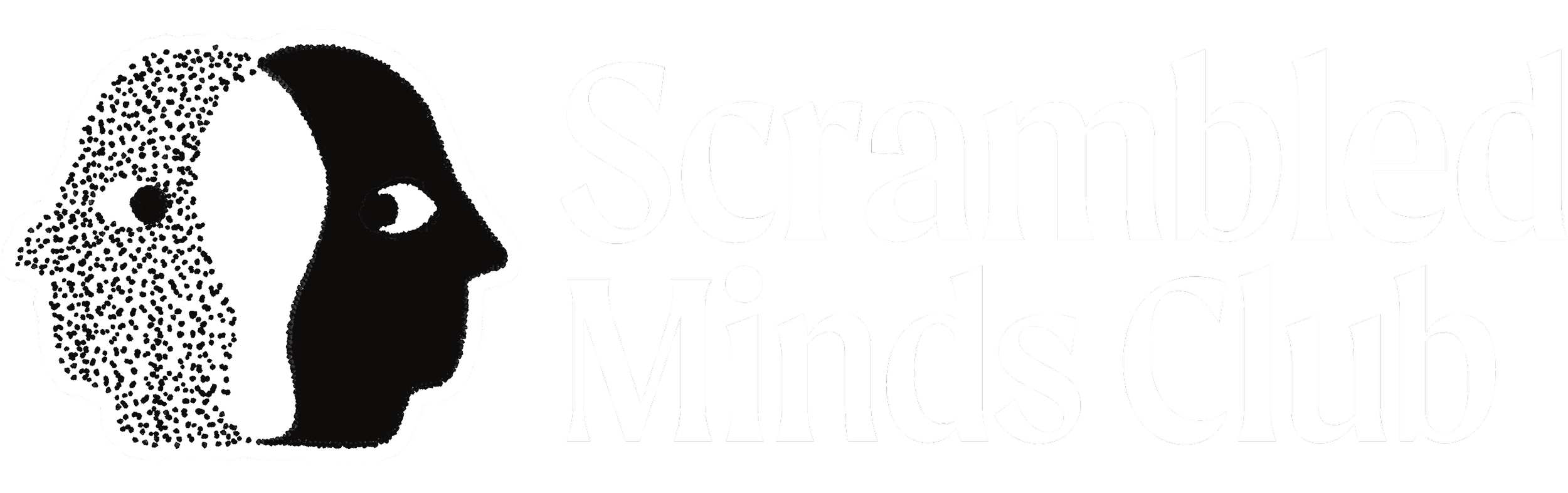 Logo for Scrambled Minds Club featuring a black and white illustration of a human head with a dotted pattern