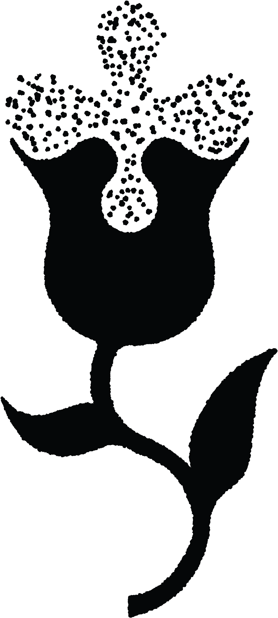Black silhouette of a flower with three petals and a long, curved stem.