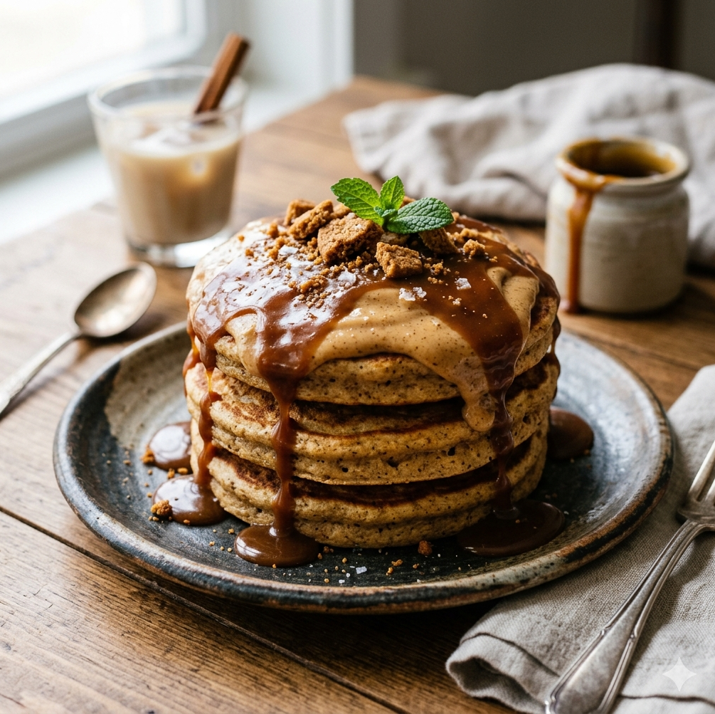 Keto Caramel Spice-Cookie Pancakes