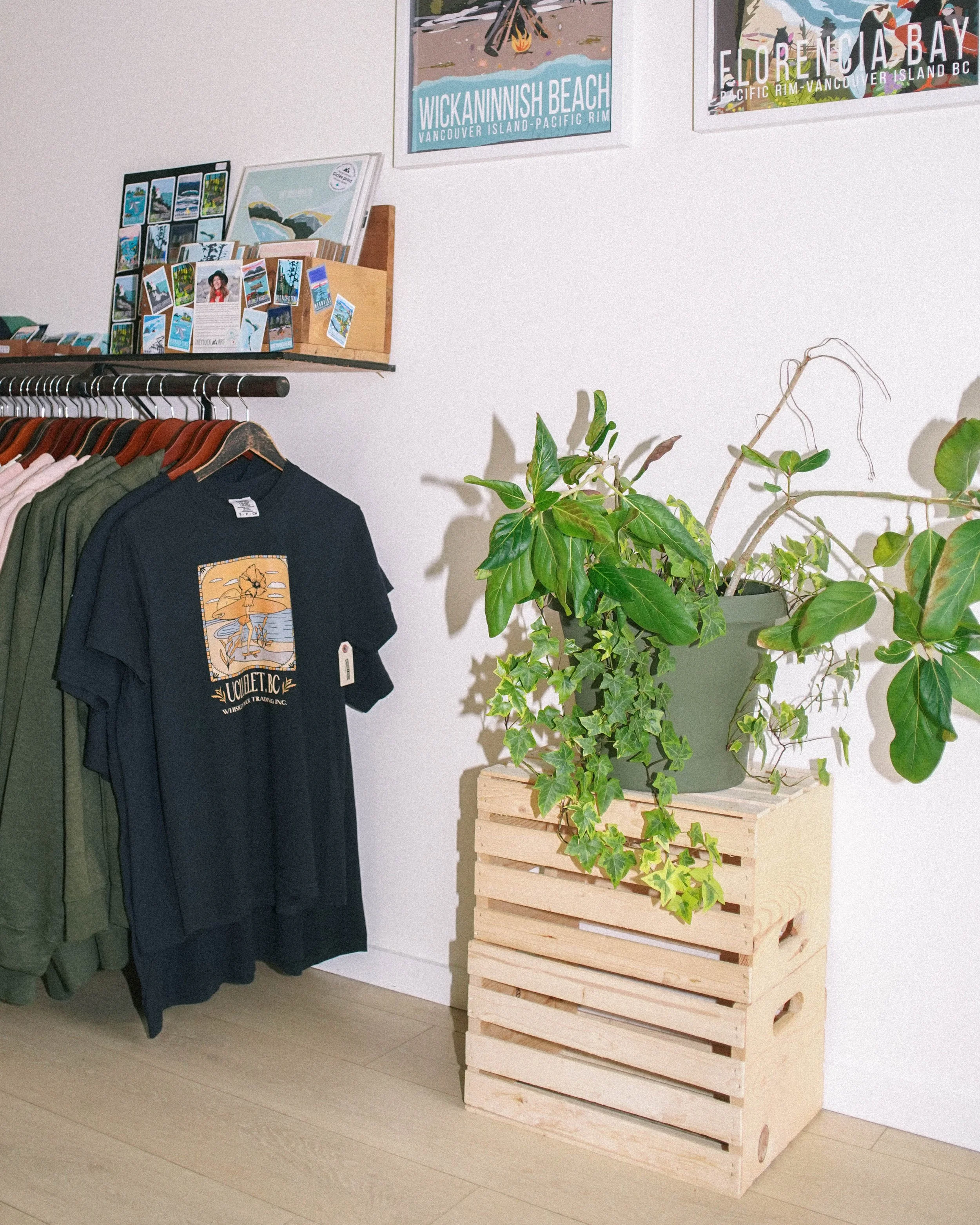 Indoor scene with a clothing rack holding green and black t-shirts, a wooden crate with potted green leafy plants, and framed posters of Vancouver beaches on the wall.
