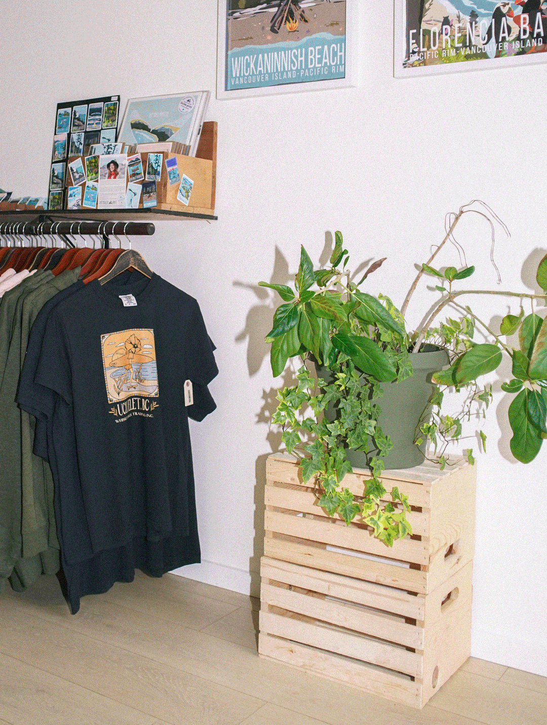A rotating galIery of interior photos of Whiskey Dock Trading Company's store, with a clothing rack holding custom printed t-shirts, potted plants, and hats hanging on the walls.