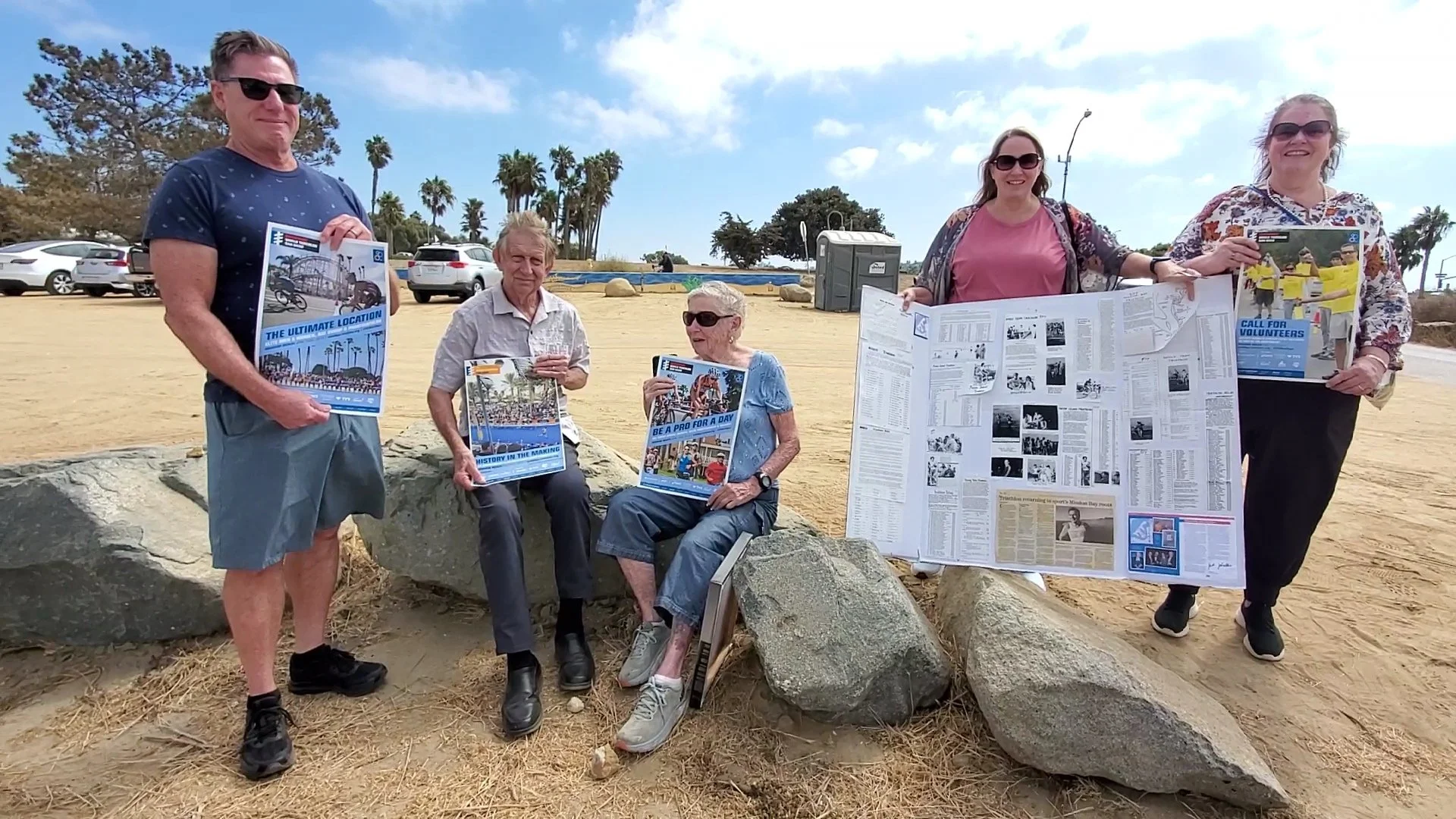 50th Anniversary in 2025, Fiesta Island, San Diego, CA. Don Shanahan reunited with Jack Johnstone's family who were volunteers at the First Triathlon. Left to right: Joel Johnstone, Don Shanahan, Betty Johnstone, Kristin Baez, Leysa Gentillon. (Photo