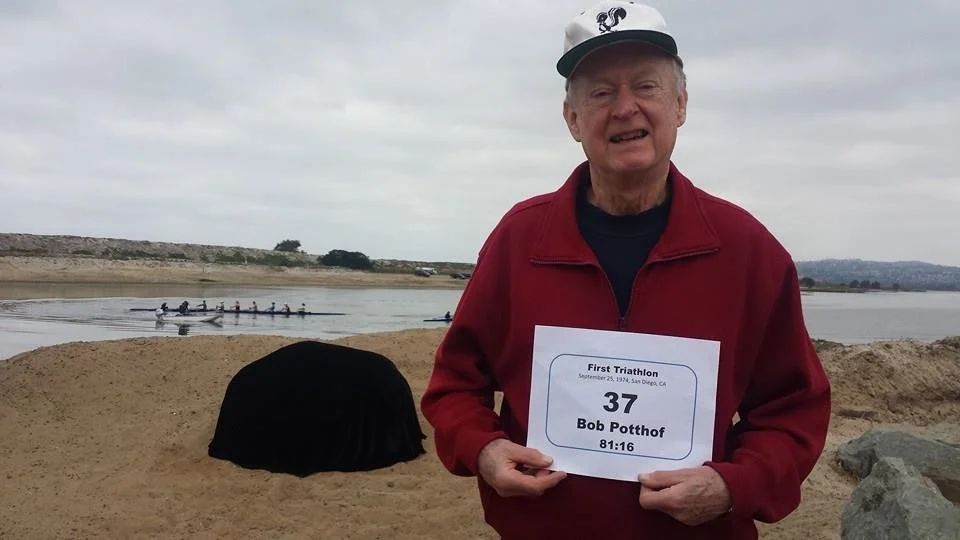 Bob Pothoff, 37th Finisher of the First Triathlon at the 40th Anniversary 2014 before the unveiling of the dedication rock, Fiesta Island, San Diego, CA. (Photo by Thao Vu)