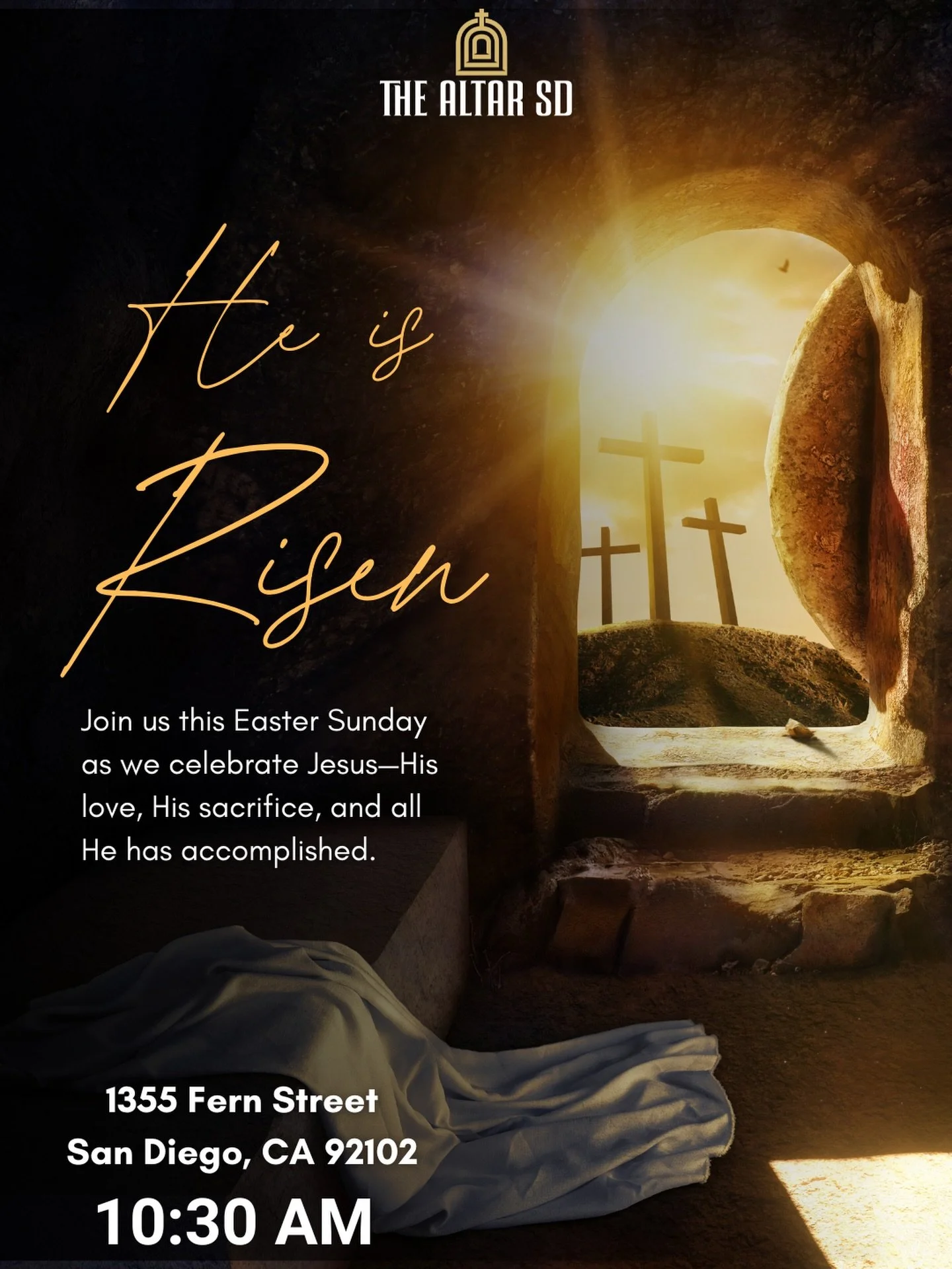 Celebrate Easter with us!
Join us this Sunday as we honor Jesus-His love, His sacrifice, and all He has accomplished.

10:30 AM
Kids classes available
Family photo area
#Jesus #sandiego #thealtarsd