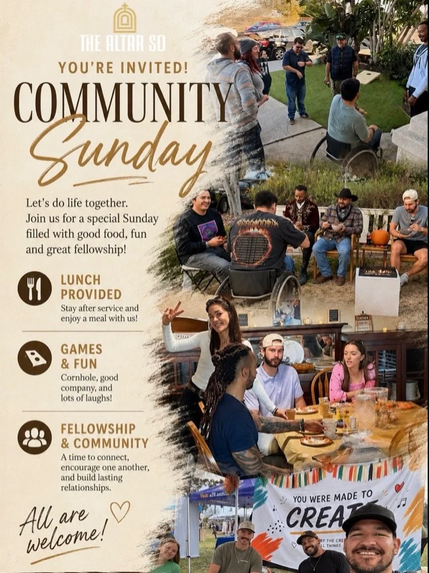 Let&rsquo;s do life together.
Join us for a special Sunday filled with good food, fun and great fellowship!

This Sunday 5/22/26

Free lunch 
Fun and Games 
Fellowship and Community 

#thealtarsd #jesus #friends #sandiegocommunity