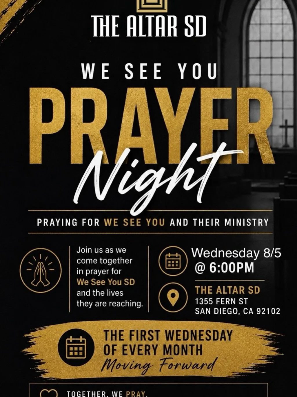 Tonight 8/5 @ 6:00 PM 

Join us tonight for an evening of worship and prayer as we lift up one of our ministry partners here in our city.

Together, we&rsquo;ll pray not only for those faithfully serving and bringing the hope of Christ to the hopeles