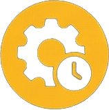 Icon of a gear with a small clock inside it, yellow background
