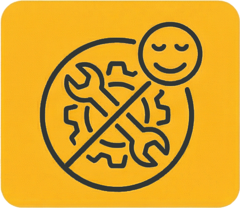 Icon of a smiling face and a wrench crossed out, indicating no repair needed, on a yellow background.