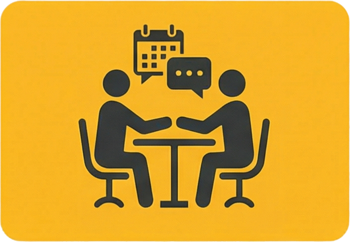 Icon of two people sitting at a table and having a conversation, with a calendar and speech bubbles above them, on a yellow background.