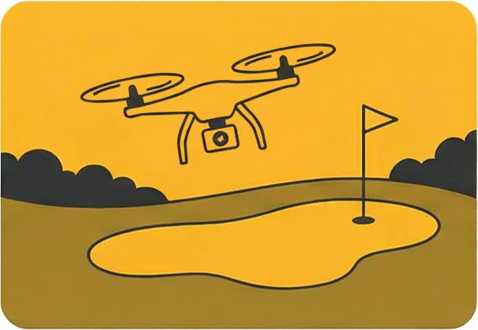A drone flying above a golf course nearest a putting green with a flag.