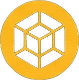Stylized black cube logo on a yellow circular background