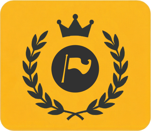 Yellow background with a black crown, laurel wreath, and a flag in a circle, resembling a golf or sports emblem.