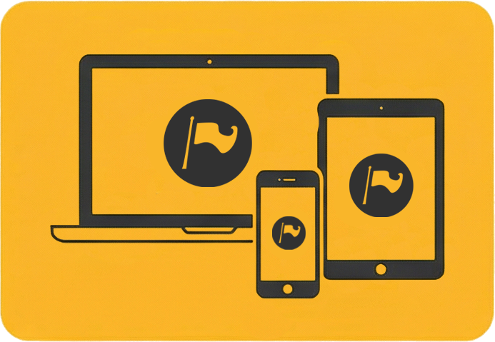 Illustration of a laptop, tablet, and smartphone, all displaying a flag icon on their screens on a yellow background.