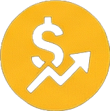 Yellow circle with a black dollar sign and an upward trending arrow
