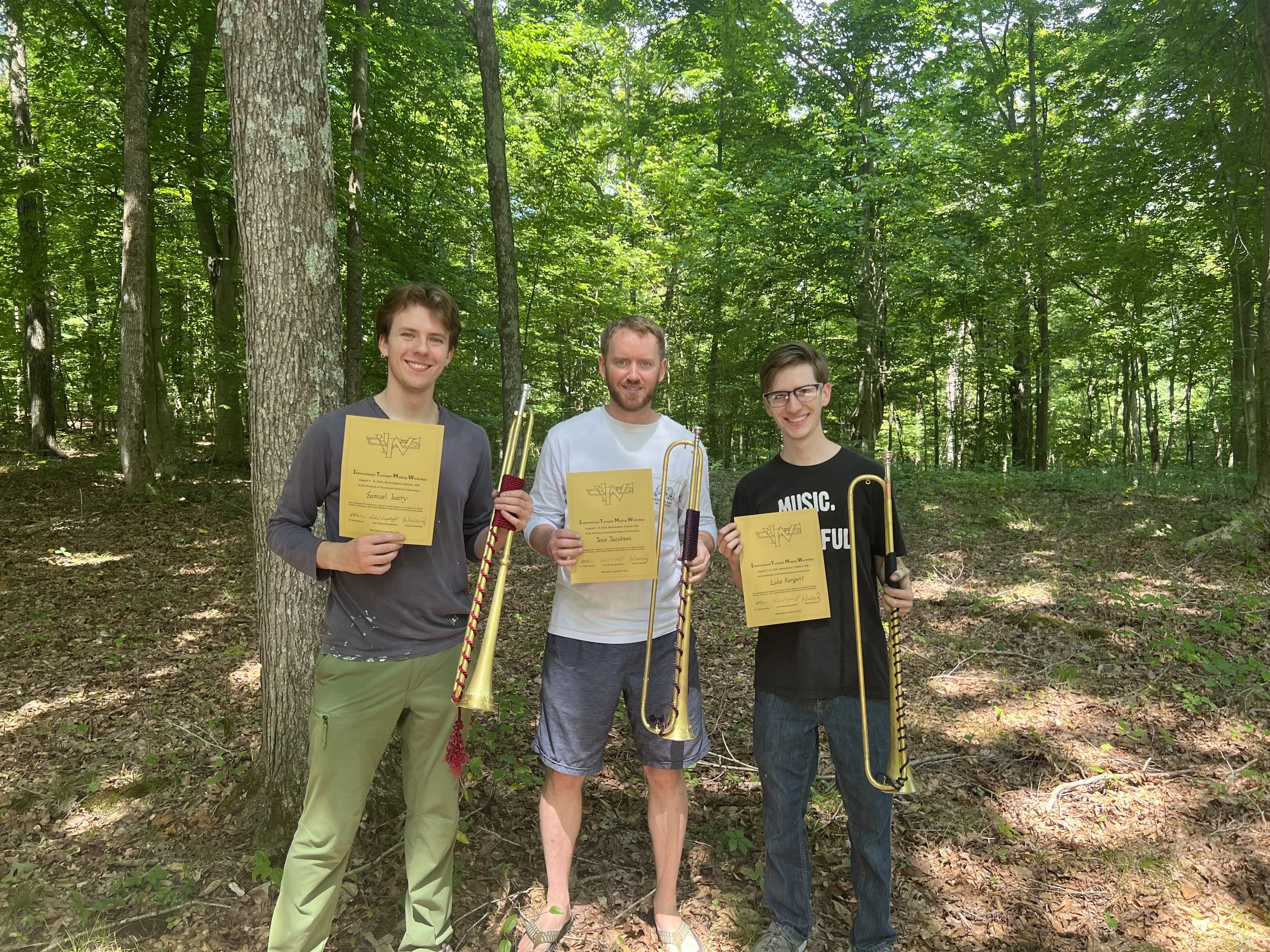 Jens Jacobsen, Luke Sargent and myself holding our newly hand-made trumpets! Bloomington, ID, 2024
