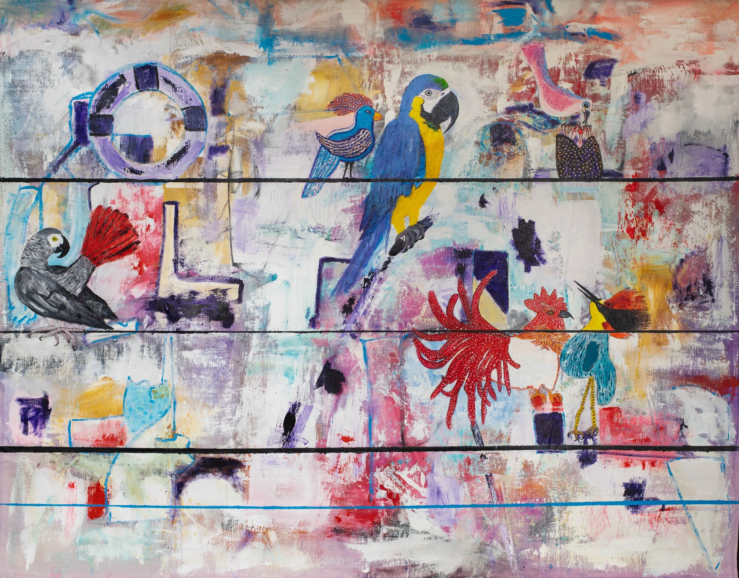 The Freedom Cage, Mixed media on raw canvas, 43" x 55"