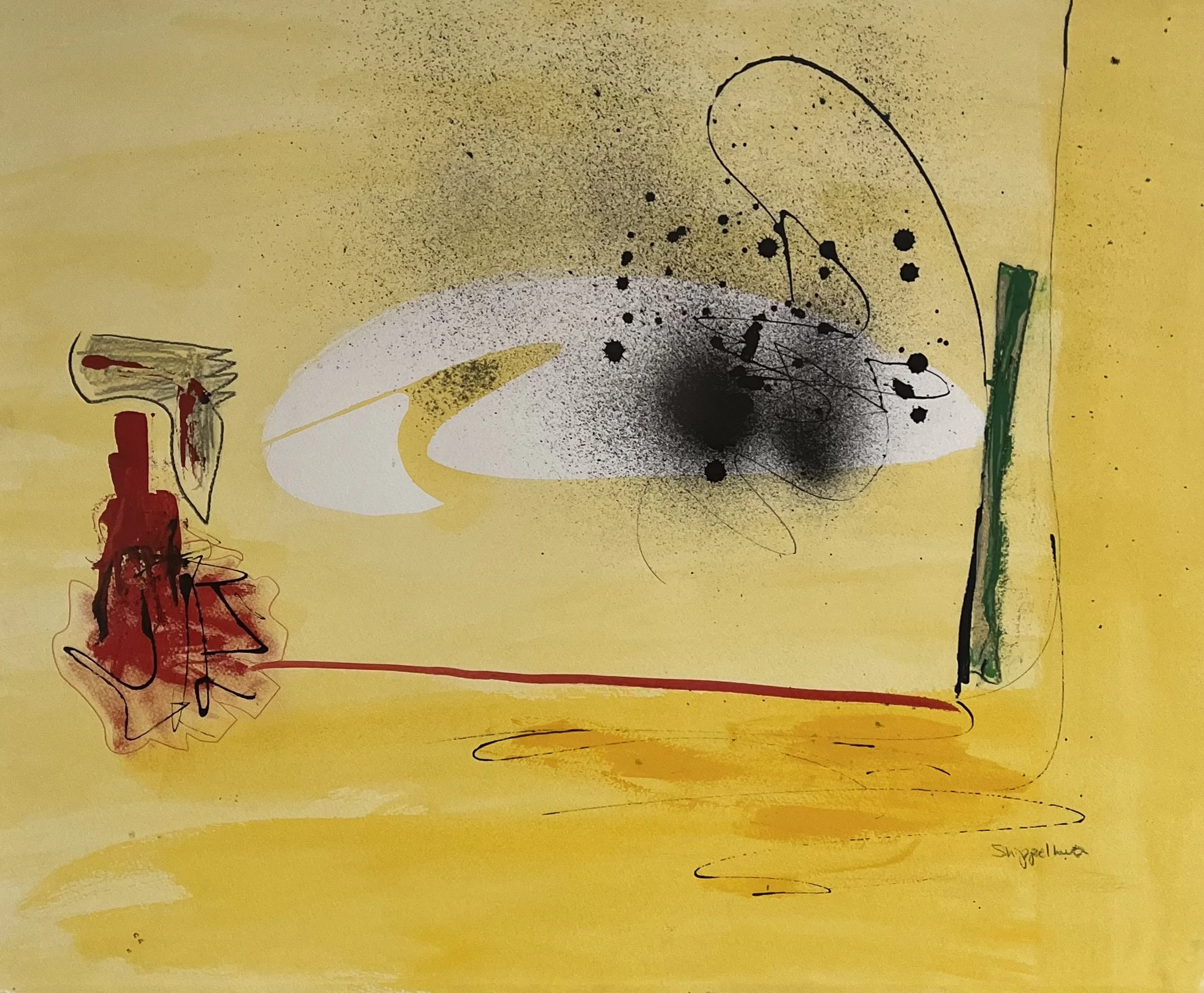 Abstract painting with yellow background, black splatters, white shapes, green and red accents, and expressive line work.