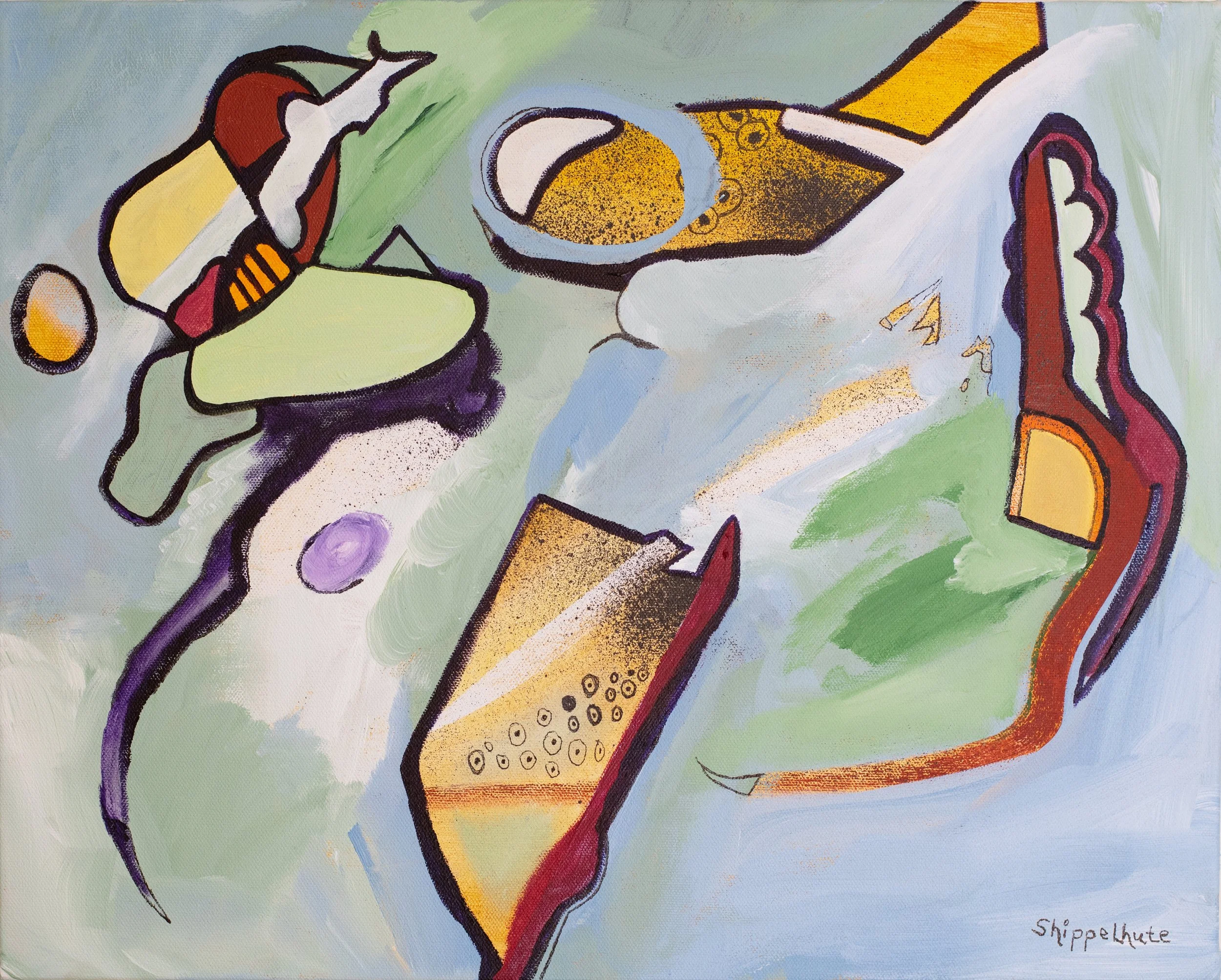 Abstract still life on a light green and white background, painted in a modern artistic style.