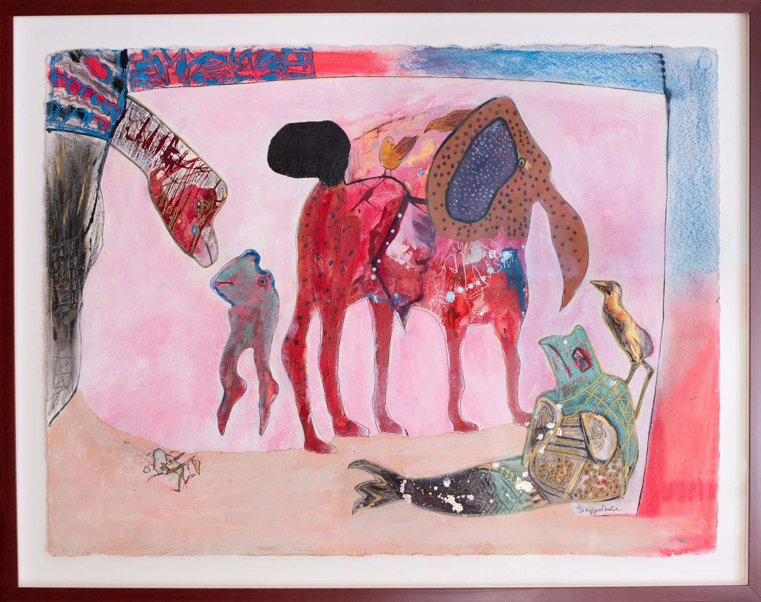 Friends, Mixed media on rag paper, 27" x 34"
