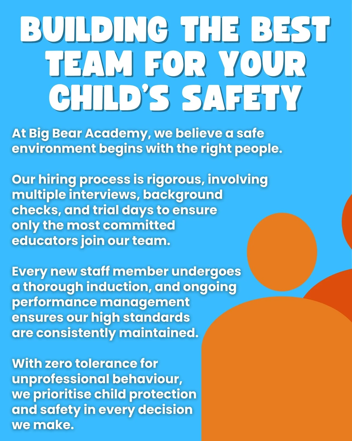 Across all of our Big Bear Academy centres, safety starts with the people we trust to care for your children. Every educator goes through a rigorous process - from multiple interviews and background checks 🔍 to trial days and thorough induction 📚. 
