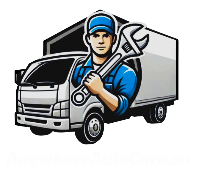 Illustration of a service technician holding a wrench standing in front of a delivery truck.