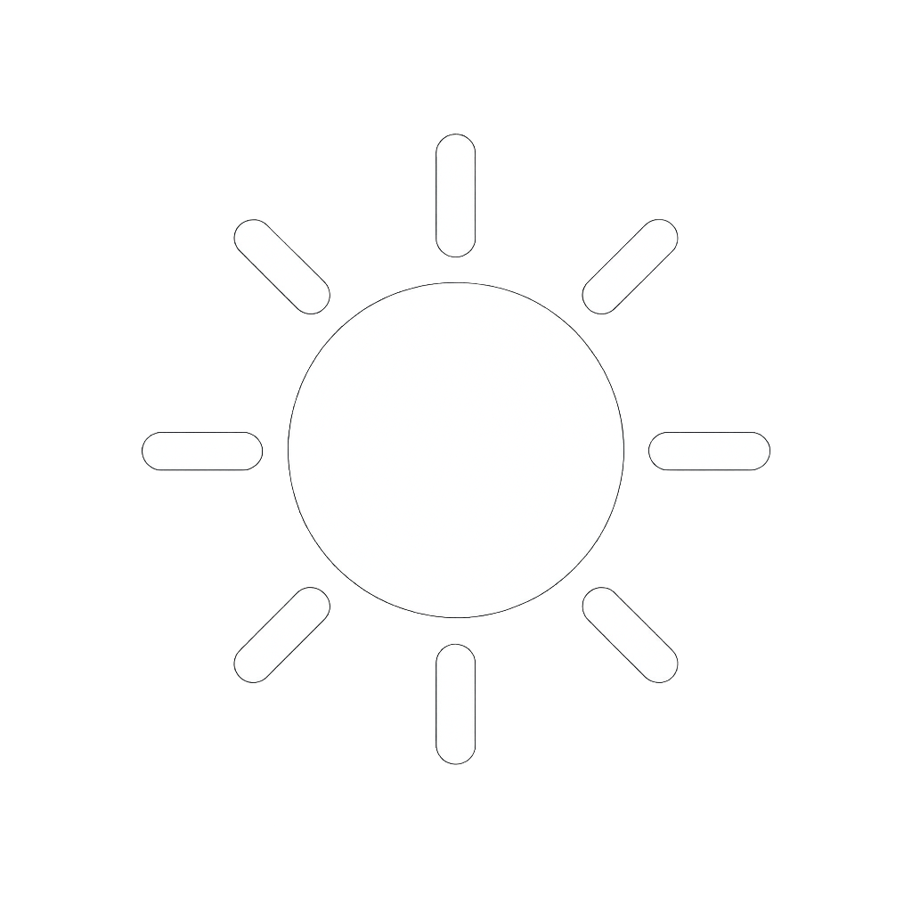 Outline of a sun with rays, glowing on a dark background.