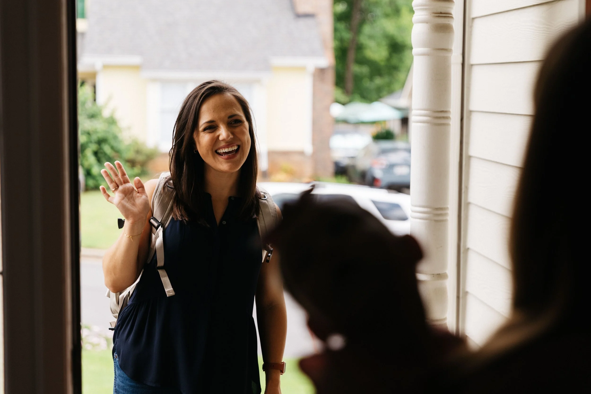 pelvic floor therapist greets postpartum client in-home in Charleston, SC for incontinence, painful sex, and postpartum recovery