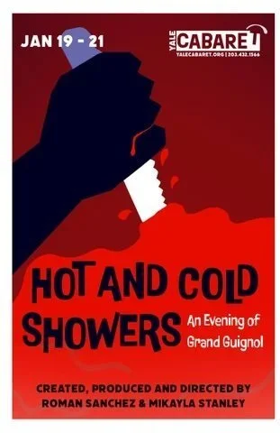 Poster advertising a theatrical production titled 'Hot and Cold Showers,' an evening of Grand Guignol, scheduled for January 19-21. The poster features a silhouette of a hand holding a knife, with blood splatters and a dark spade symbol in the backgr