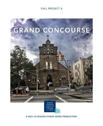 Poster for a fall project titled "Grand Concourse," featuring an image of a historic church building at an intersection with cars and pedestrians, and a cloudy sky overhead.