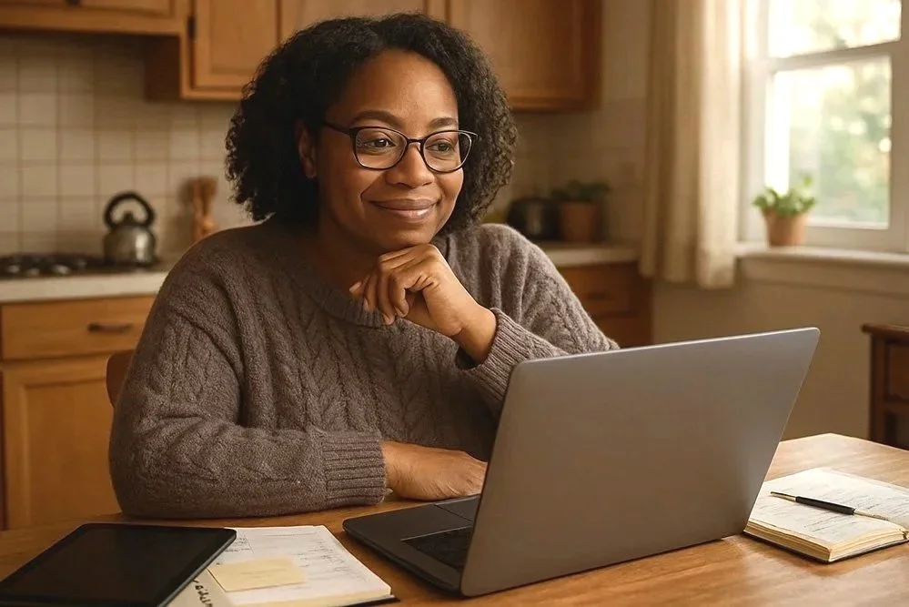 A woman with glasses and curly hair sitting at a kitchen table, looking at a laptop and smiling, with a notebook, pen, and a tablet on the table, in a cozy kitchen with wooden cabinets and a window with sunlight.