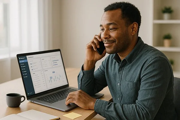 Man talking on the phone while sitting at a desk with a laptop displaying charts and data.