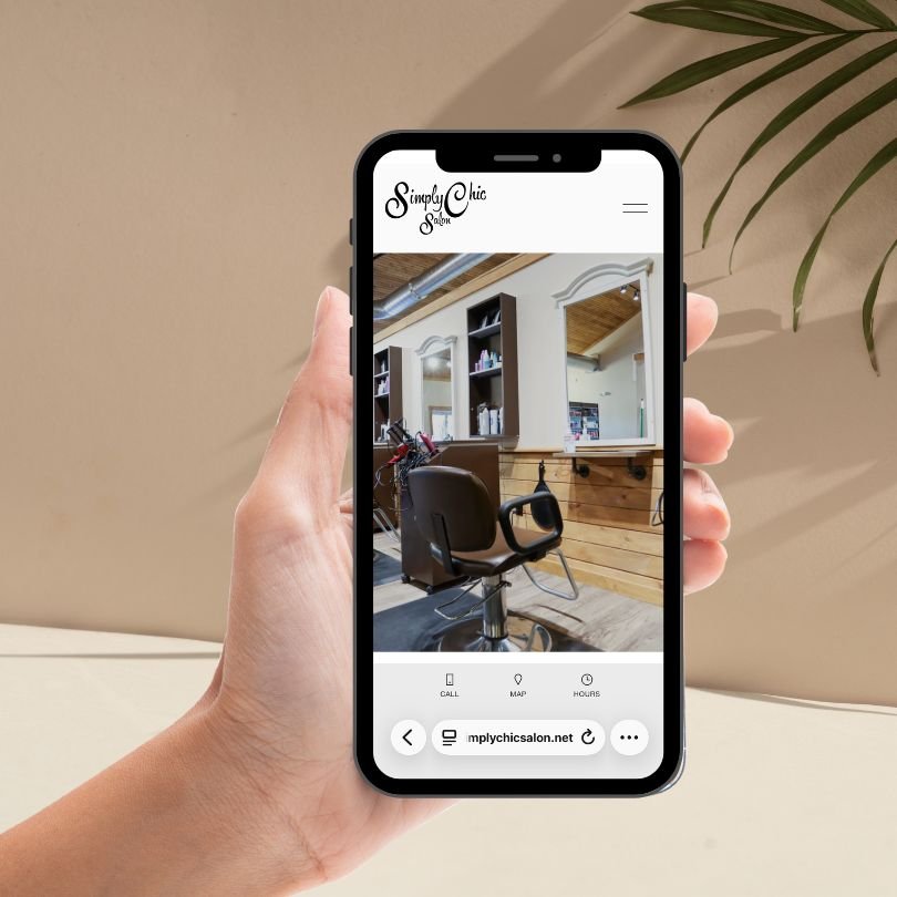 Simply Chic Salon website displayed on a phone — designed by TechSteps.
