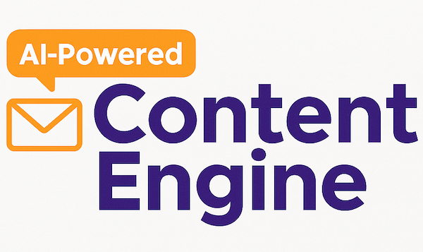 Logo with the text 'AI-Powered Content Engine' and an envelope icon.