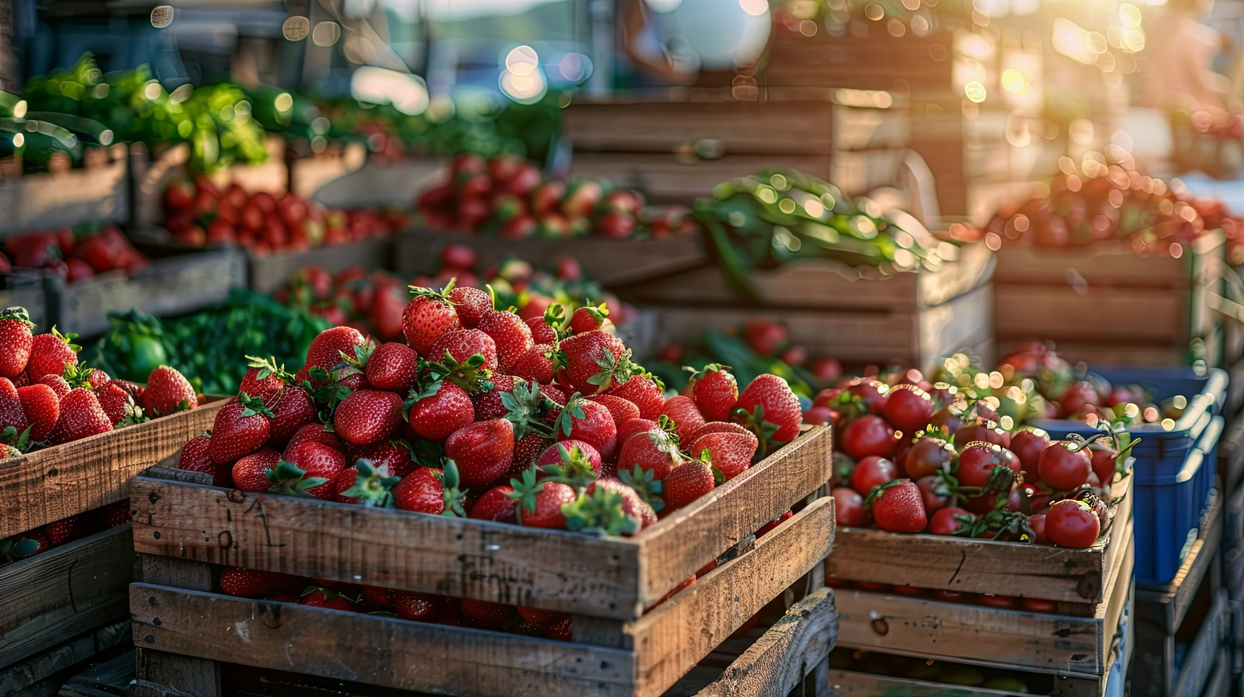 Fresh strawberries in wooden crates at an outdoor market.