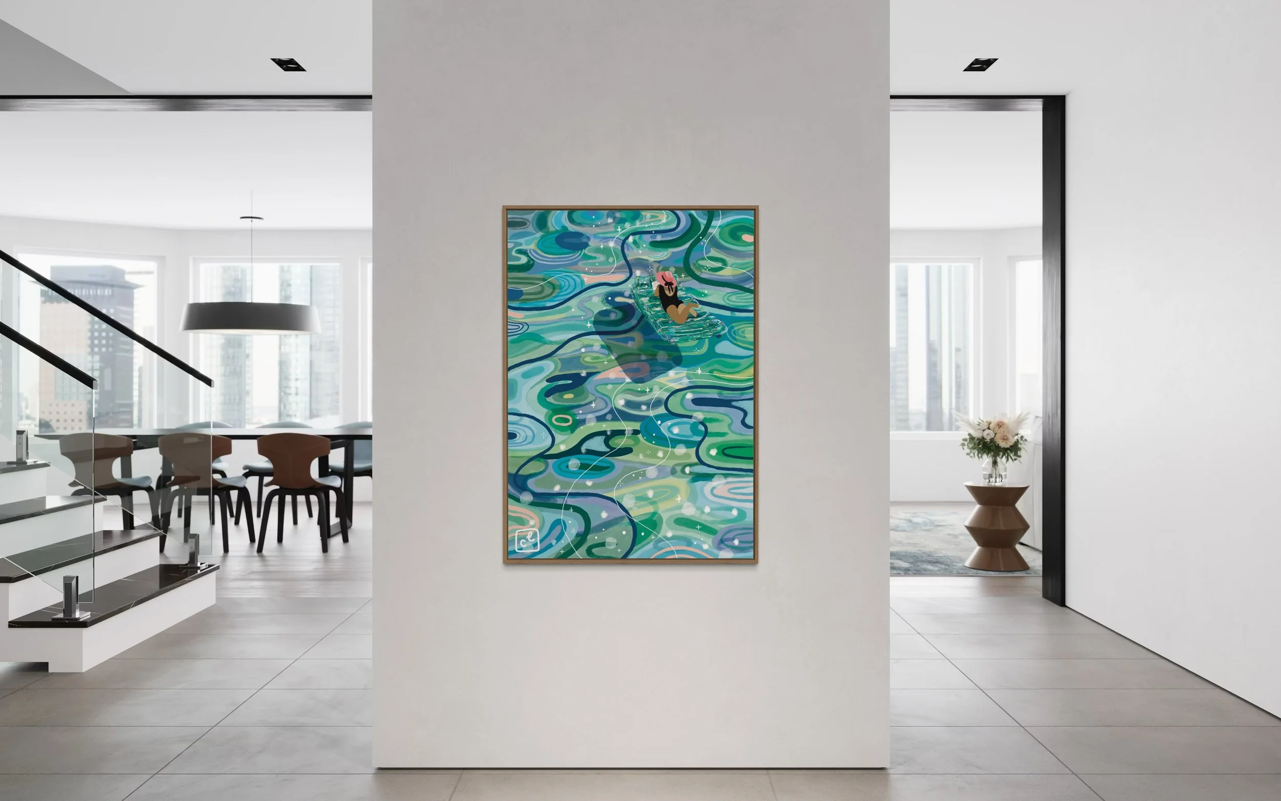 Modern interior of an apartment with a colorful abstract painting on a white wall between two rooms.