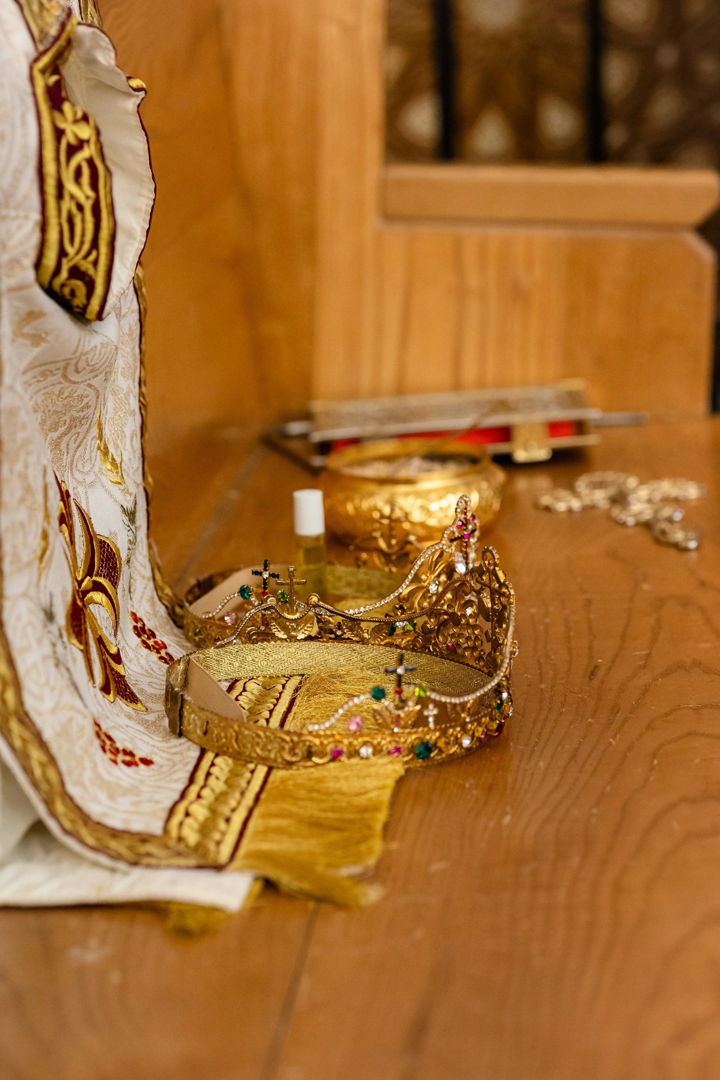 The crown and robes used for the crowning ceremony and adornment of gowns during the Egyptian Coptic Orthodox wedding ceremony in St. Mary's Coptic Orthodox church.